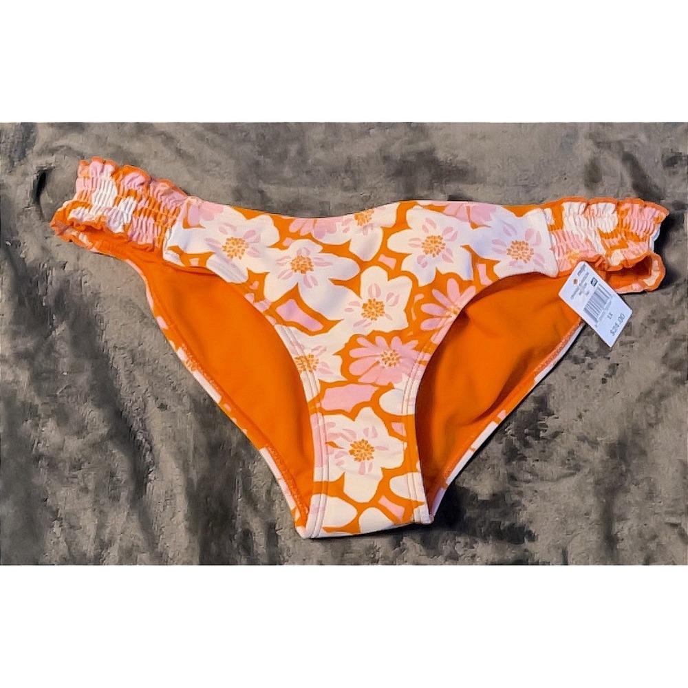 Heat Swimwear Orange Floral‎ Smocked Side Bikini Bottom Plus Size 1X NEW